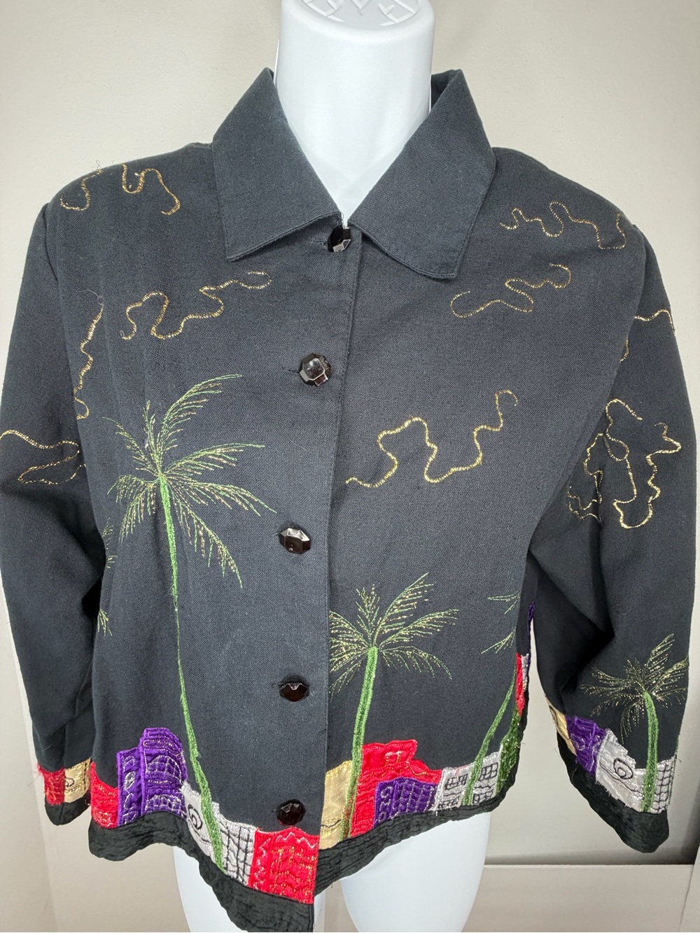 Pushpa Vintage Black Palm Tree City Scape Metallic Embroidered Jacket Small 0013